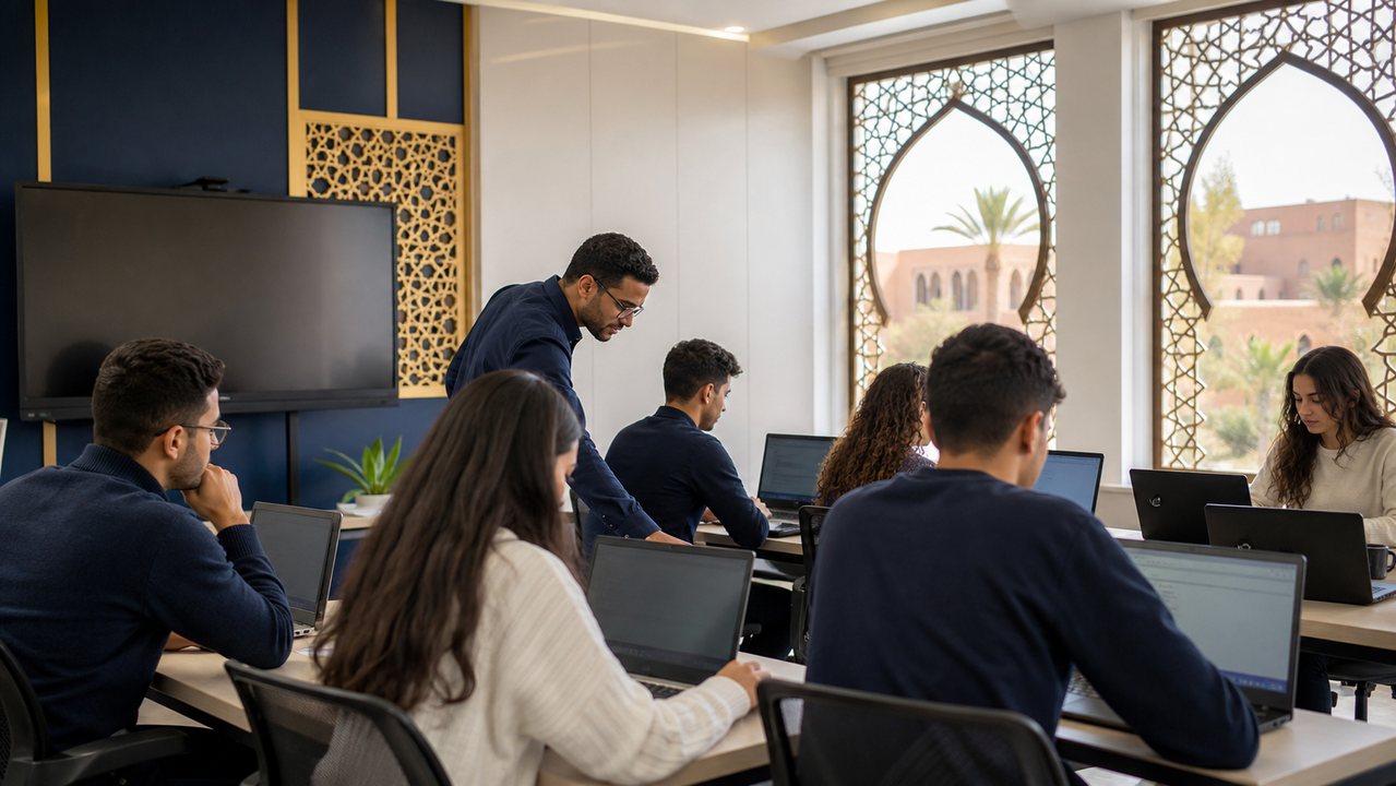 Étudiants en formation informatique dans une salle équipée à Marrakech