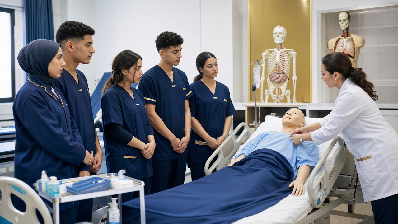 Étudiants en formation santé pratiquant des gestes professionnels en salle pédagogique