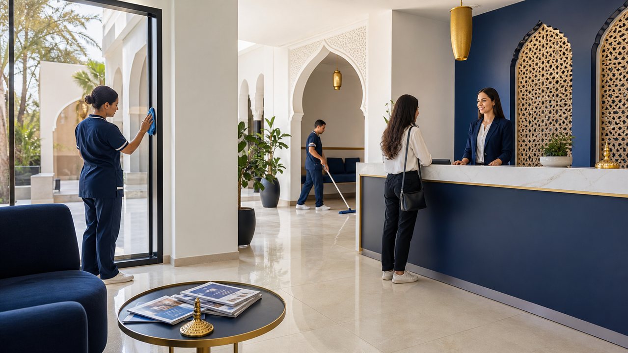 Espace d’accueil propre dans un centre de formation à Marrakech avec équipe de nettoyage professionnelle